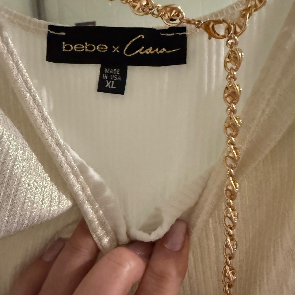 bebe Ivory Midi Dress with Gold Chain Accent